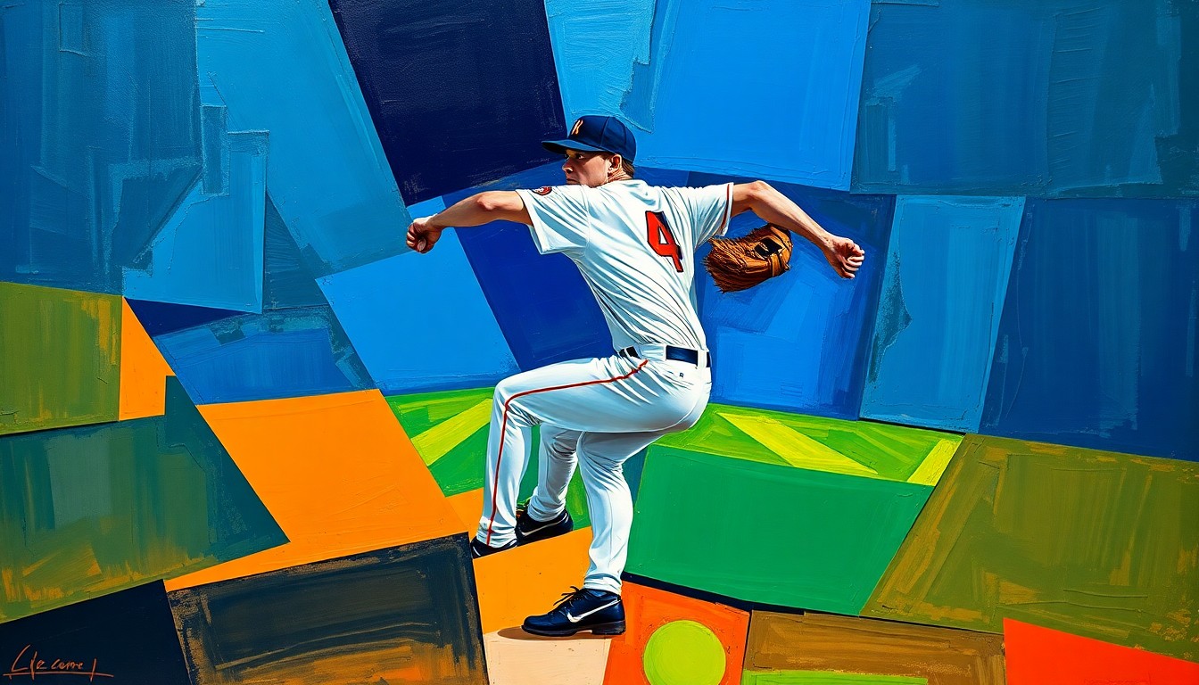 A fragmented, geometric painting depicting a baseball pitcher's windup and delivery, with sharp, overlapping planes of vibrant colors representing the strategic considerations behind two-start pitcher management.