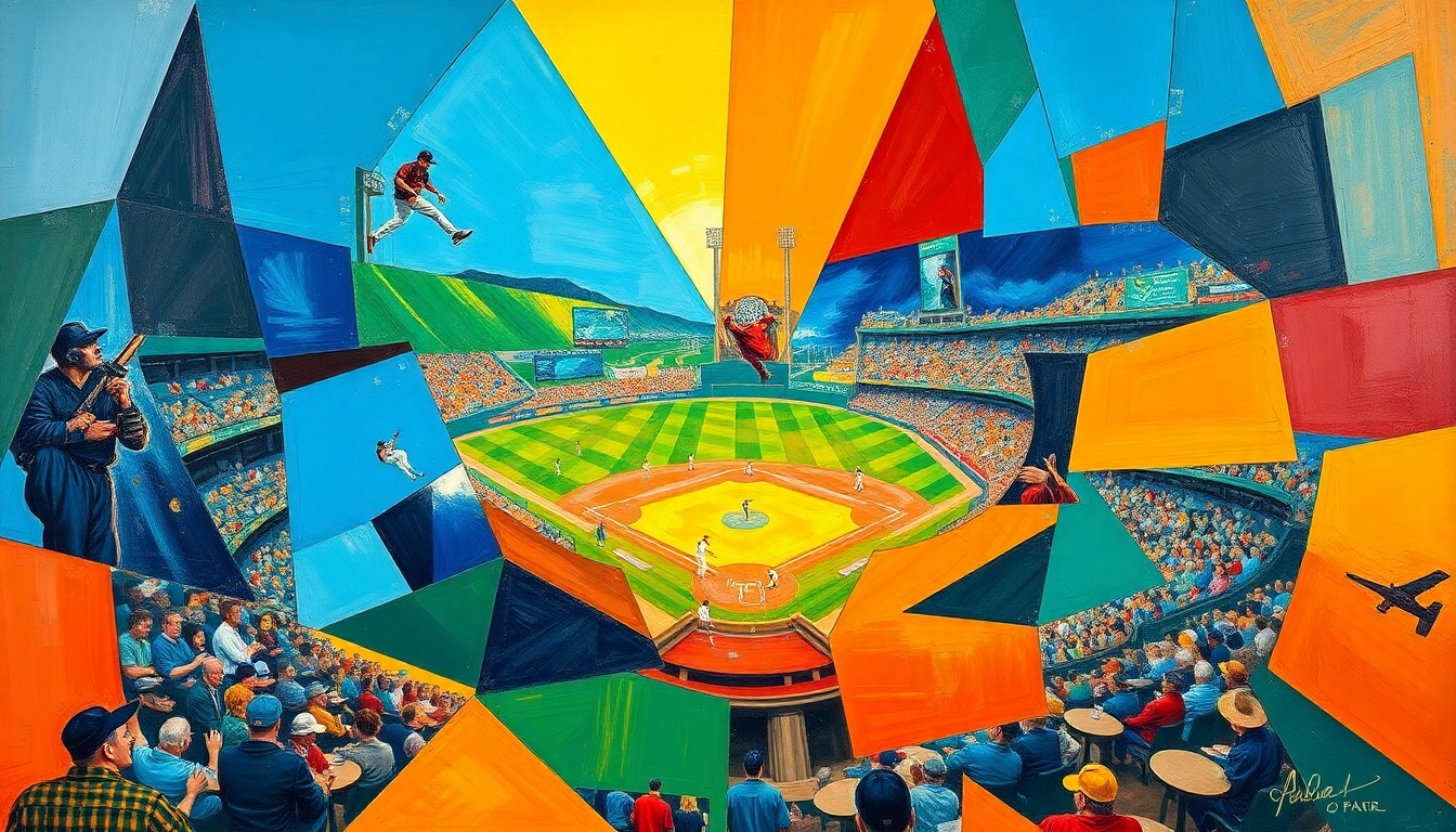 A fragmented, cubist-style painting depicting a baseball game or match, with sharp geometric shapes and planes in vibrant colors like blue, orange, and green, conceptually representing the blend of continuity and renewal in Weiss' debut as Braves manager.