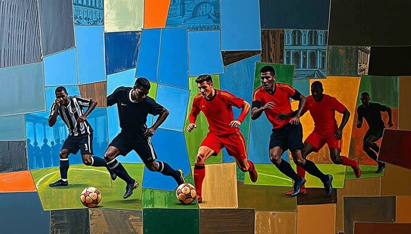 A fragmented, geometric painting depicting the silhouetted forms of football players in motion, their bodies broken down into sharp, overlapping planes of color that capture the raw energy and intensity of the sport.