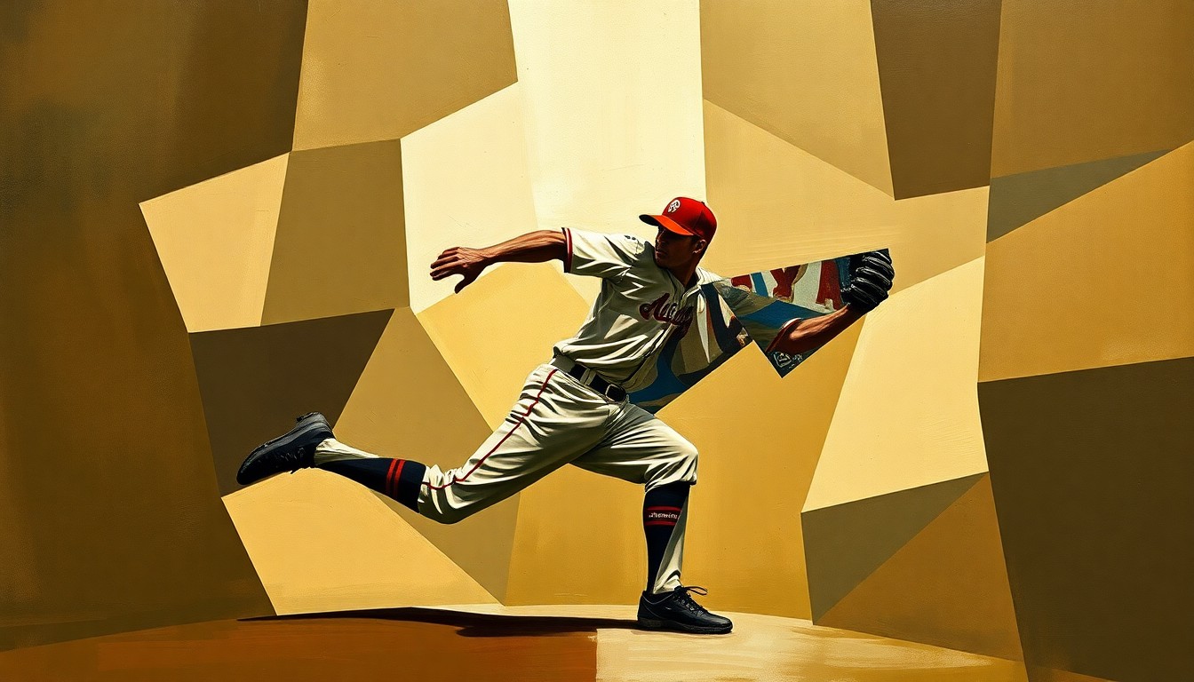 A cubist, geometric painting depicting the motion of a baseball pitcher, with sharp, overlapping planes in muted earth tones, representing the shift in Buehler's career as he moves from the Dodgers to the Padres.