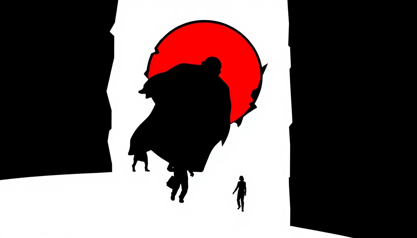 A bold, abstract composition of jagged geometric shapes and stark black silhouettes, conceptually representing the themes of conspiracy, time travel, and the human struggle to navigate uncertainty.