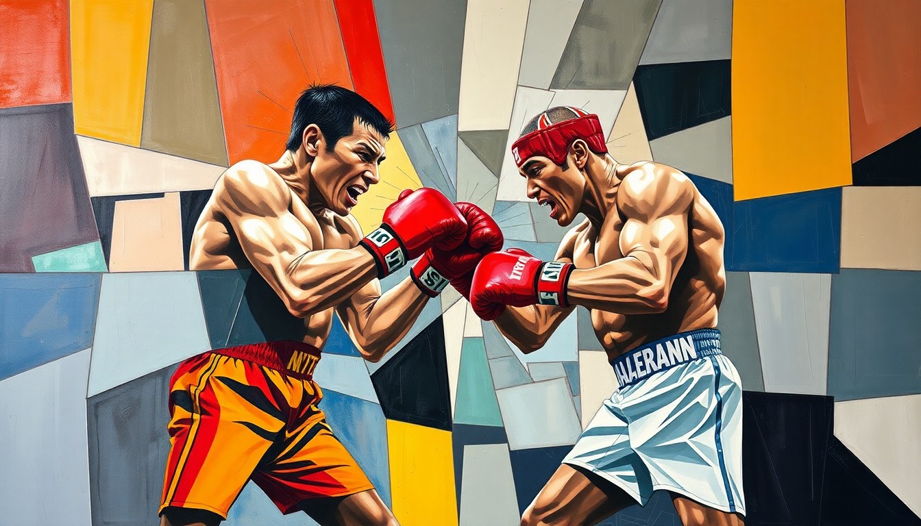 A fractured, cubist-style painting depicting the intense action of a boxing match, with the fighters' movements and the ring itself broken down into sharp, overlapping geometric shapes and planes in a vibrant color palette.
