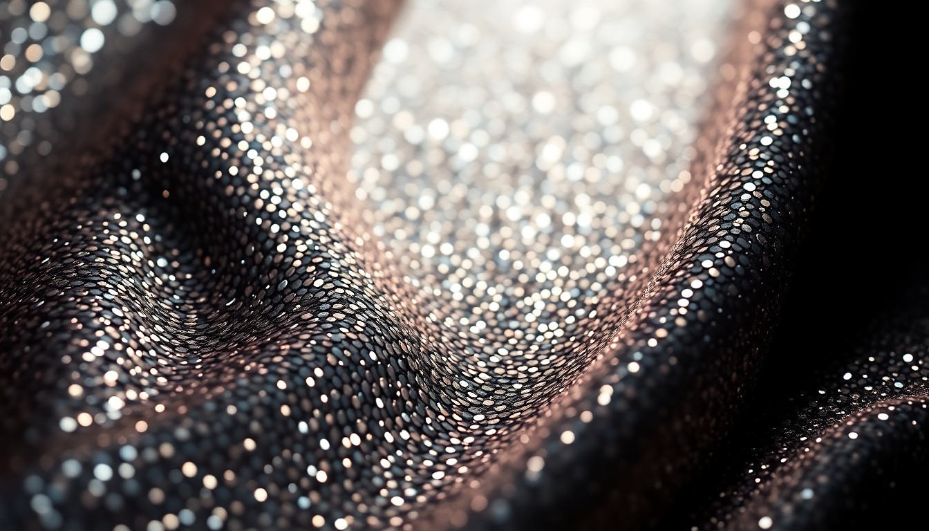 An extreme, abstract close-up photograph of a shimmering, high-contrast fabric texture, capturing the glitz and glamour of the entertainment world.