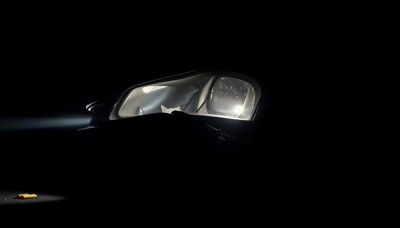 An extreme close-up photograph of a damaged car part or piece of physical evidence from the crime scene, lit by a harsh, direct camera flash against a pitch-black background, capturing the stark, gritty, investigative nature of the incident.