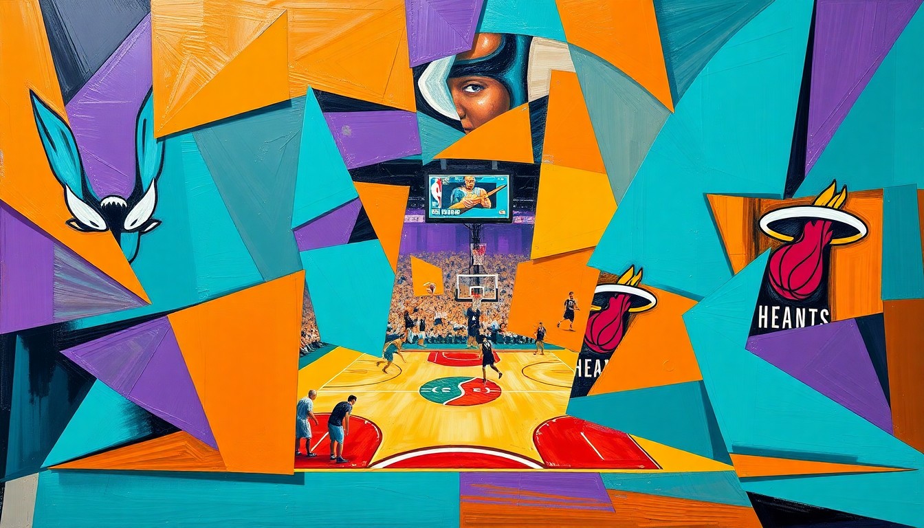 A cubist, geometric painting depicting a basketball game, with sharp, overlapping planes of teal, orange, and purple colors representing the action on the court.