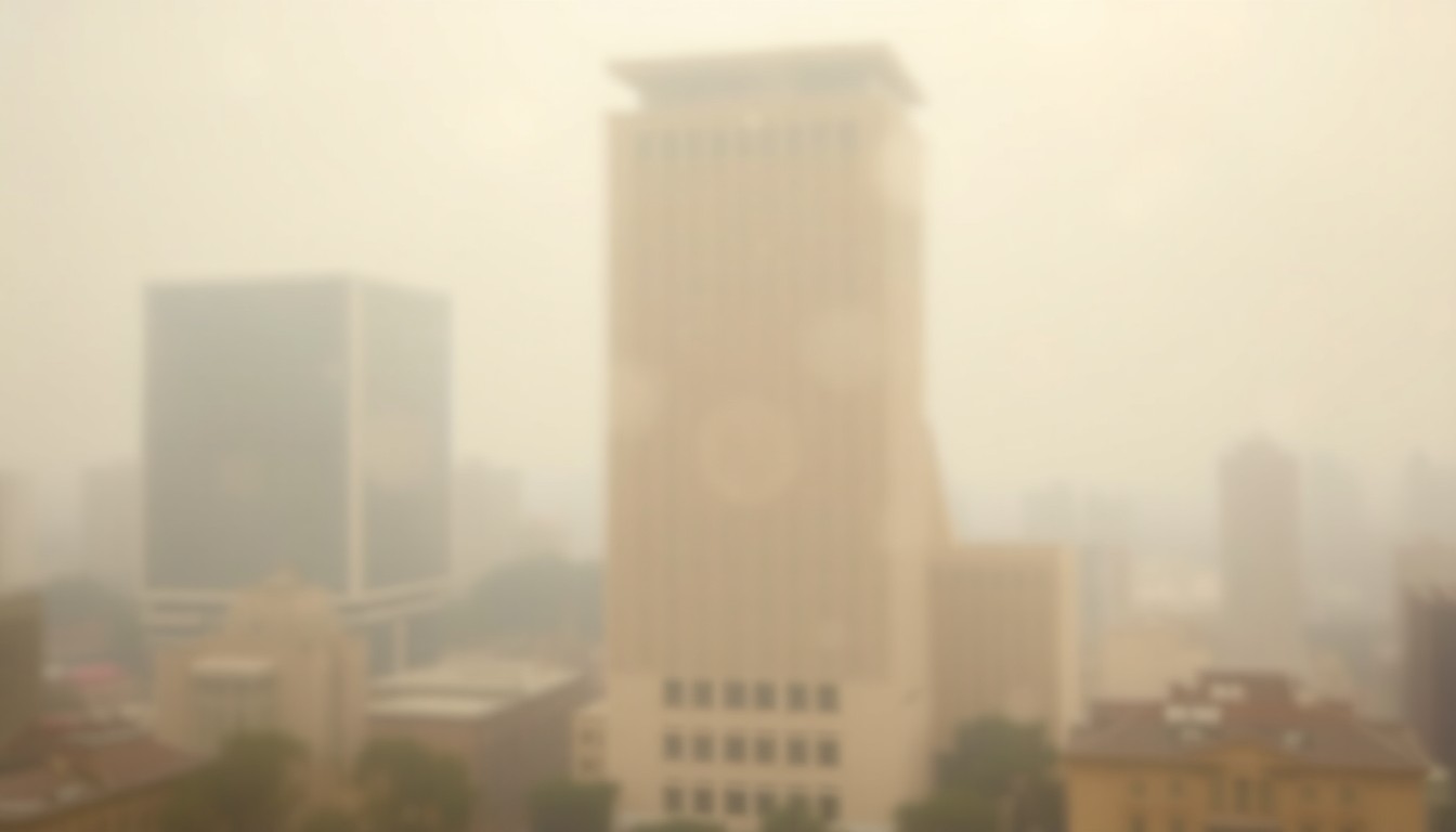An extremely blurred, impressionistic photograph showing the faint outline of a towering hotel building dissolving into a hazy, dreamlike scene of warm, muted colors, conceptually representing the emotional impact of losing a familiar landmark.