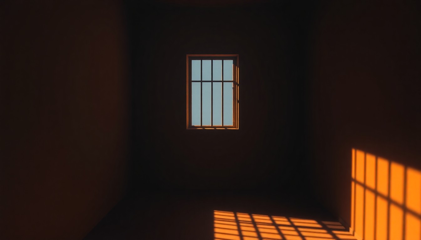 A moody, cinematic painting of the interior of a prison cell, with warm diagonal sunlight streaming through a barred window and casting geometric shadows on the floor, conveying a sense of isolation and unease.