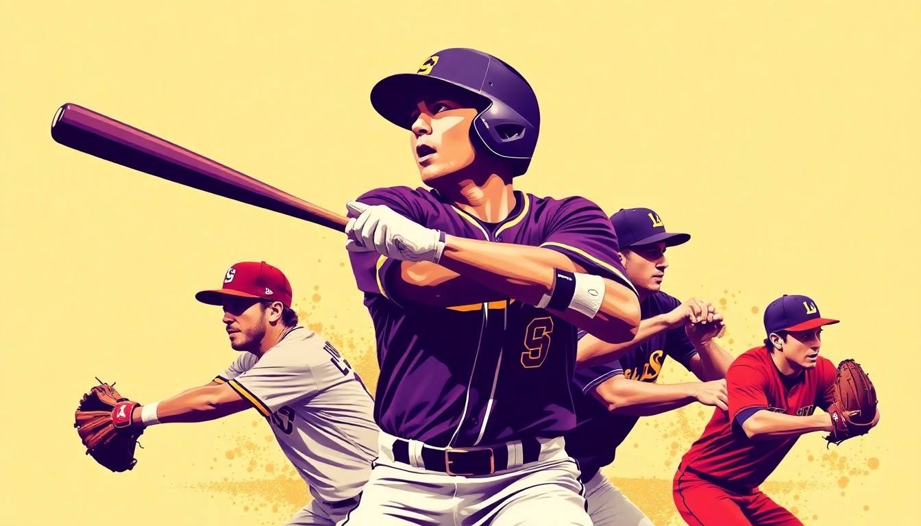 A fractured, multi-perspective painting in the style of Pablo Picasso, breaking down the baseball actions and skills of LSU's top draft prospects into sharp, overlapping geometric planes.