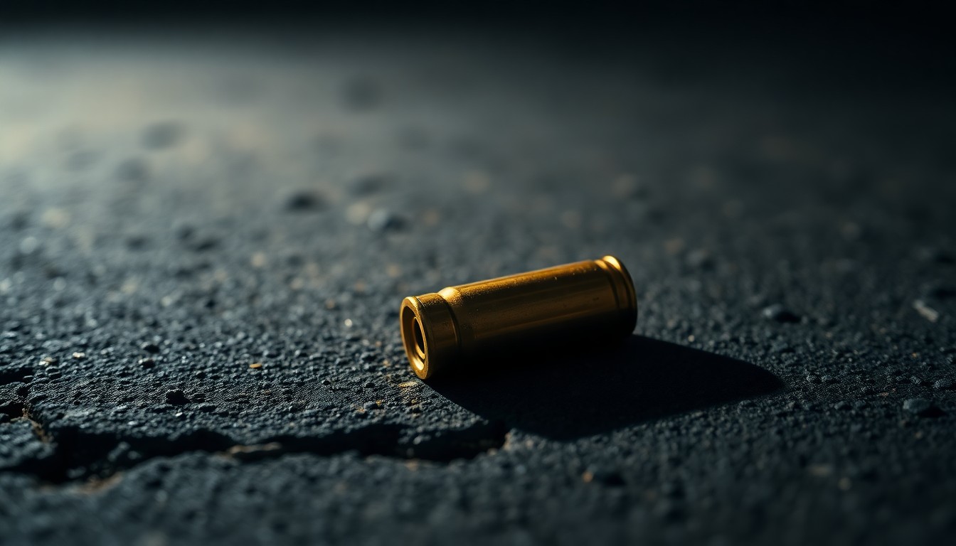 An extreme close-up photograph of a single bullet casing on a dark concrete surface, capturing the stark, gritty aftermath of a violent crime.