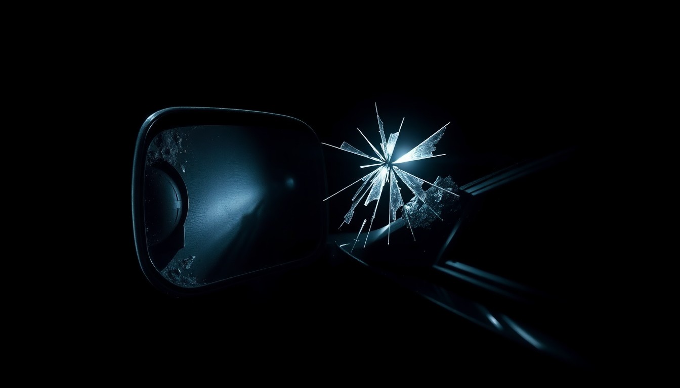 An extreme close-up photograph of a cracked car windshield reflecting a faint red light, conceptually illustrating the aftermath of a serious vehicular incident.