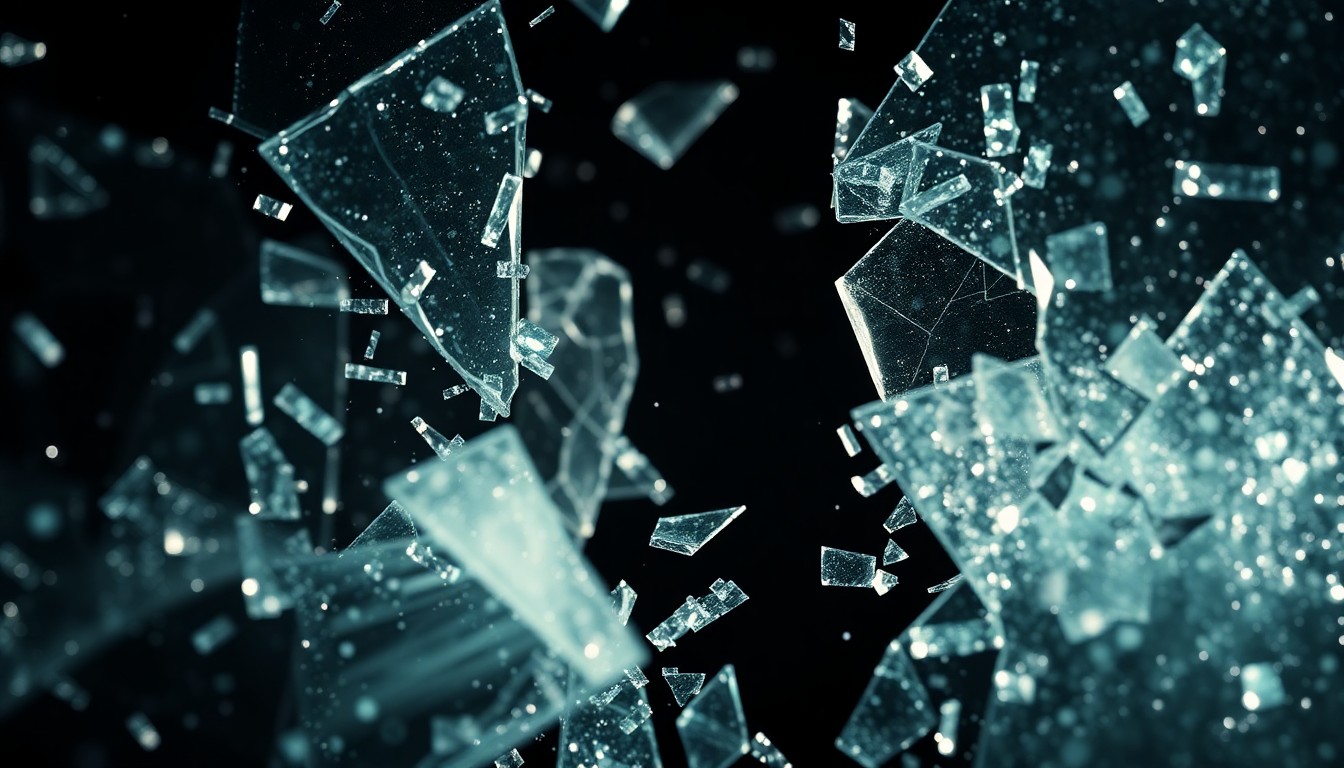 An extreme close-up photograph of shattered glass and glittering shards in high-contrast studio lighting, conveying a sense of fragility and loss.