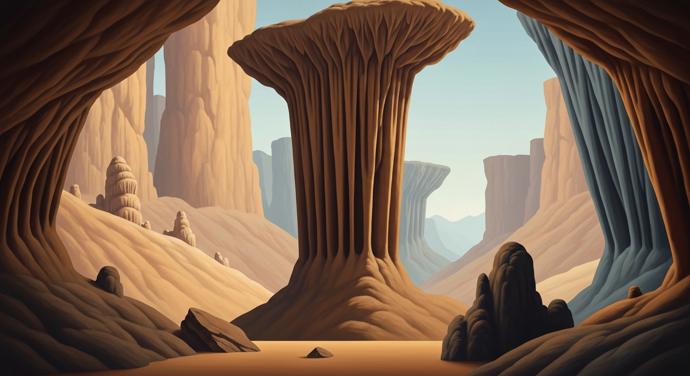 A bold, geometric illustration in muted earth tones depicting the grand scale and sweeping vistas of Bluff Dwellers Cave's towering limestone formations, creating a sense of awe and wonder without any literal depiction of people or text.