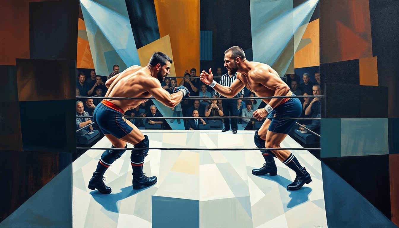A fragmented, geometric painting depicting the dynamic action and competing factions of a tag team wrestling match, rendered in Picasso's cubist style.