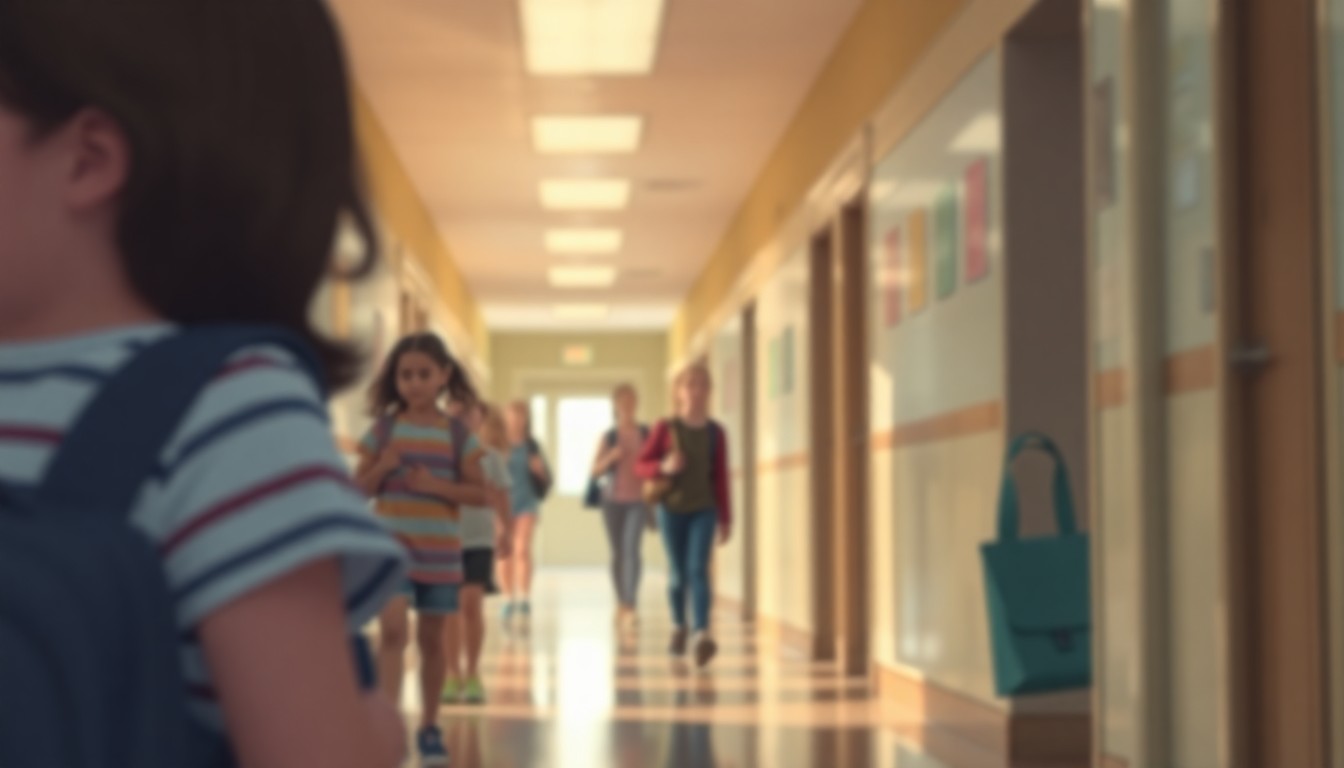 An abstract, out-of-focus photograph of students in a school hallway, with warm, muted colors and soft, blurred edges, conveying a sense of security and calm.