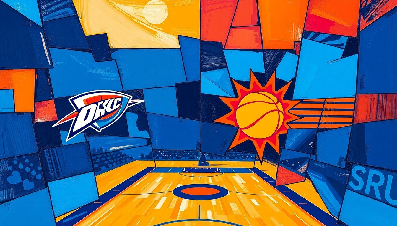 A fragmented, cubist-style painting depicting a basketball game between the Oklahoma City Thunder and Phoenix Suns, with the players and court broken down into sharp, overlapping geometric shapes and planes of vibrant blue, orange, and red colors.