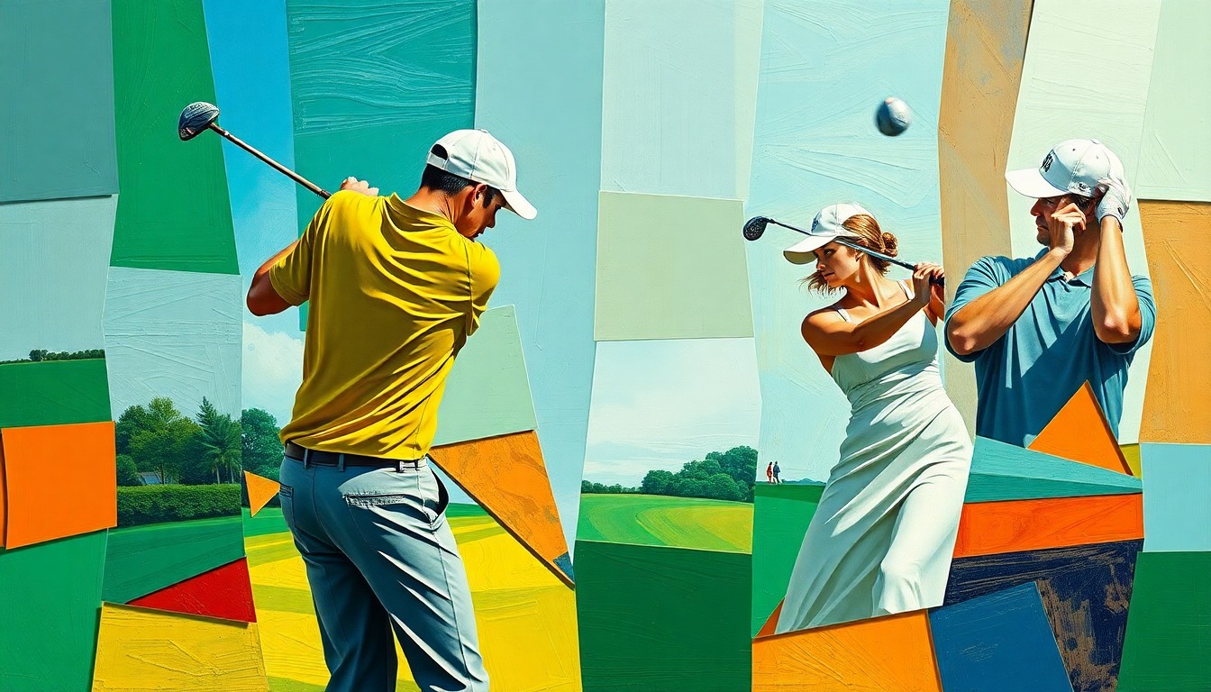 A fragmented, geometric painting depicting a golf match with both male and female players, the overlapping shapes and planes conveying the dynamic energy and potential of a more inclusive format for the TGL league.