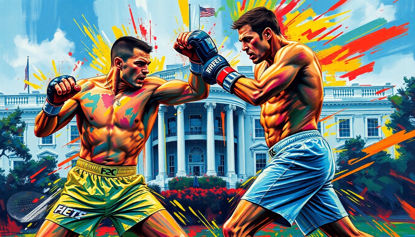 A dynamic, expressionist painting depicting two MMA fighters engaged in a fierce battle, with rapid brushstrokes and neon colors capturing their raw athletic energy and movements, set against the backdrop of the White House.