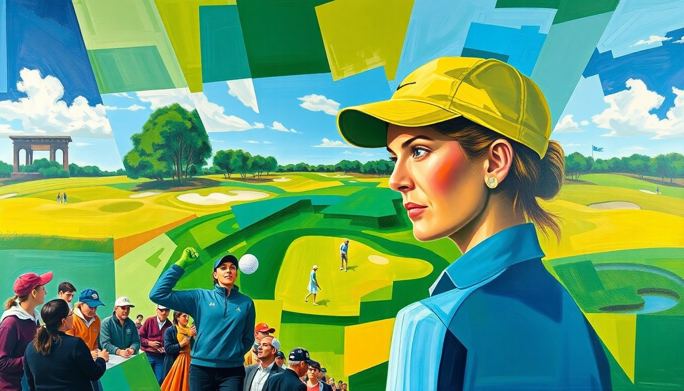 A cubist, geometric painting depicting a women's golf tournament, with sharp, overlapping planes of vibrant greens, blues, and golds representing the course and uniforms.