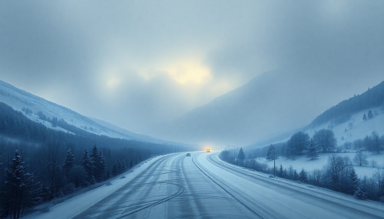 A sweeping, atmospheric landscape painting in muted tones of grey, white, and blue, depicting a snow-covered highway dwarfed by the overwhelming scale of the natural world, conveying the sublime power of a winter storm.