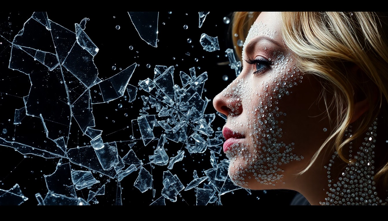 An extreme close-up of shattered glass and glittering sequins in high-contrast studio lighting, conceptually representing the complex and glamorous dynamics between two '90s TV stars.
