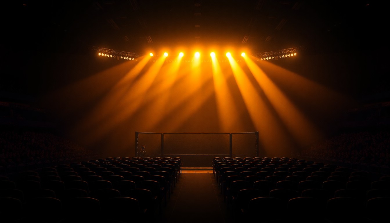 A dimly lit, cinematic painting of an empty VIP box at a UFC event, with warm sunlight streaming in through the windows and deep shadows casting a contemplative mood over the scene.