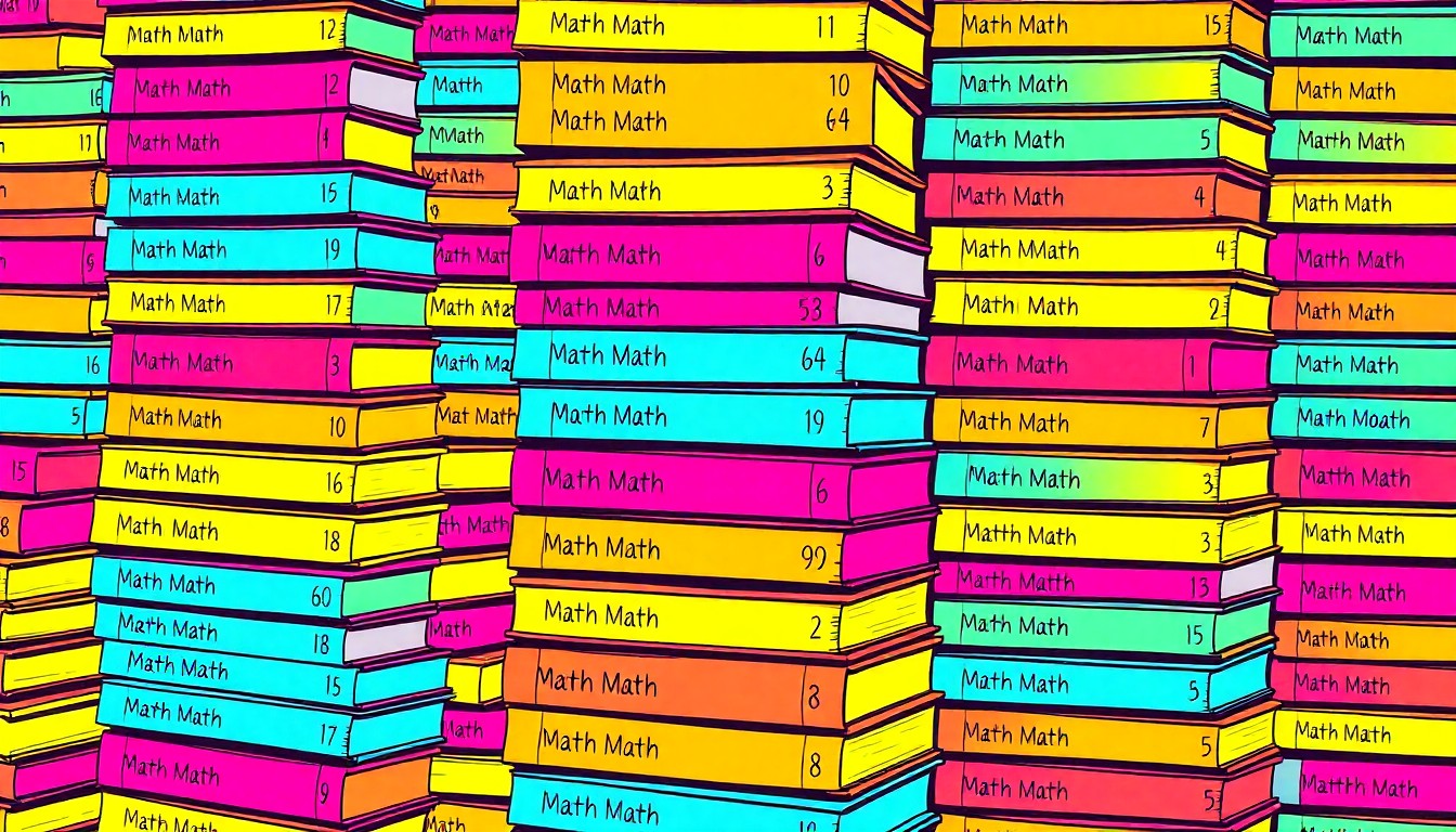 A bold, abstract grid of neon-colored math textbooks in a silkscreen pop art style, conceptually representing the academic excellence of Staten Island's leading middle schools.