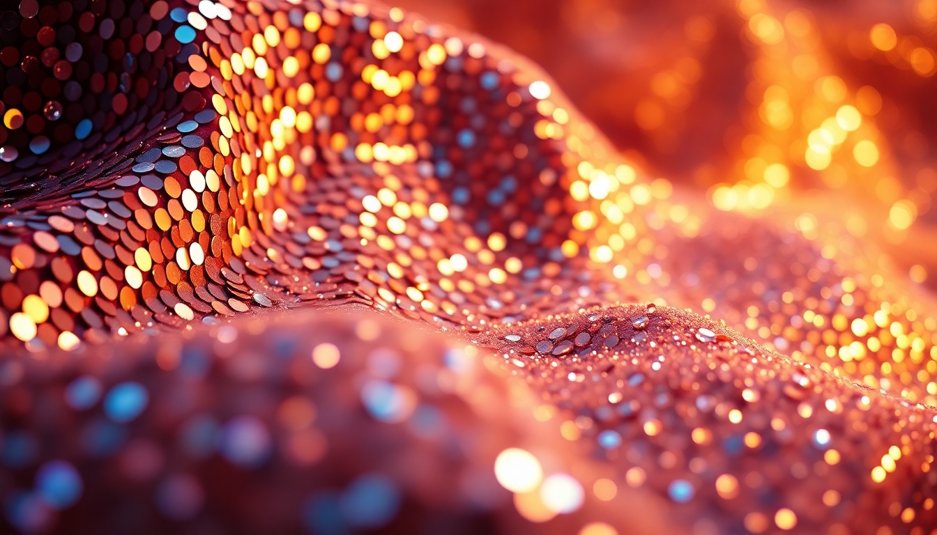 An extreme close-up of luxurious, high-end textures associated with Hollywood glamour, such as shimmering sequins or plush velvet, captured in dramatic, high-contrast studio lighting to create a glitzy, high-fashion aesthetic.