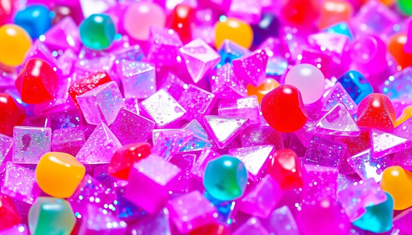 An extreme close-up photograph of a vibrant, glittering texture of shattered disco glass in shades of pink, purple, and blue, conceptually representing the playful and energetic spirit of the Candy Crush brand.
