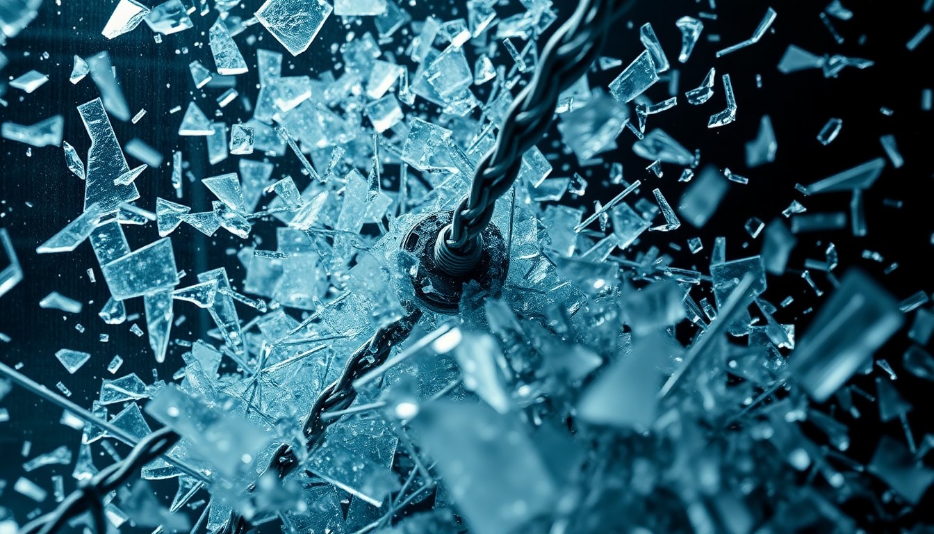 An extreme close-up of jagged, twisted shards of glass and metal, capturing the chaotic and dangerous conditions on the movie set in an abstract, high-contrast composition.