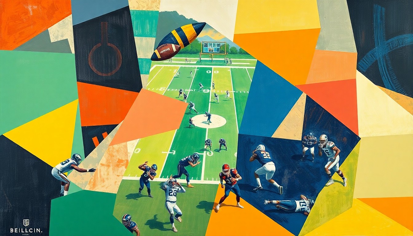 A cubist, geometric illustration depicting the chaotic energy and movement of a college football practice, with players and the field rendered as abstract shapes and planes of color.