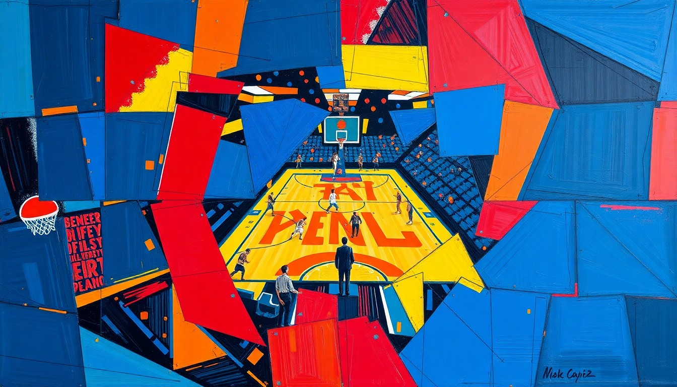 A cubist-style painting featuring overlapping geometric shapes and planes in shades of blue, red, and yellow, conceptually representing the fractured nature of a sports broadcast without any specific identifiable elements.