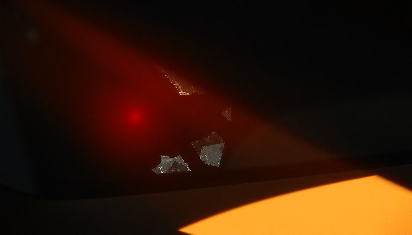 An extreme close-up of a shattered car sensor lens reflecting a faint red light, conceptually illustrating the vandalism of self-driving cars.