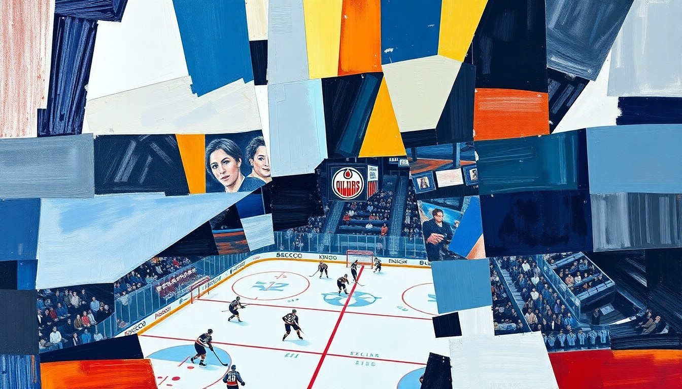 A cubist-style painting depicting a hockey game, with the players and the rink broken down into sharp, intersecting geometric shapes and planes in vibrant colors, conveying the dynamic energy and competitive spirit of the sport.