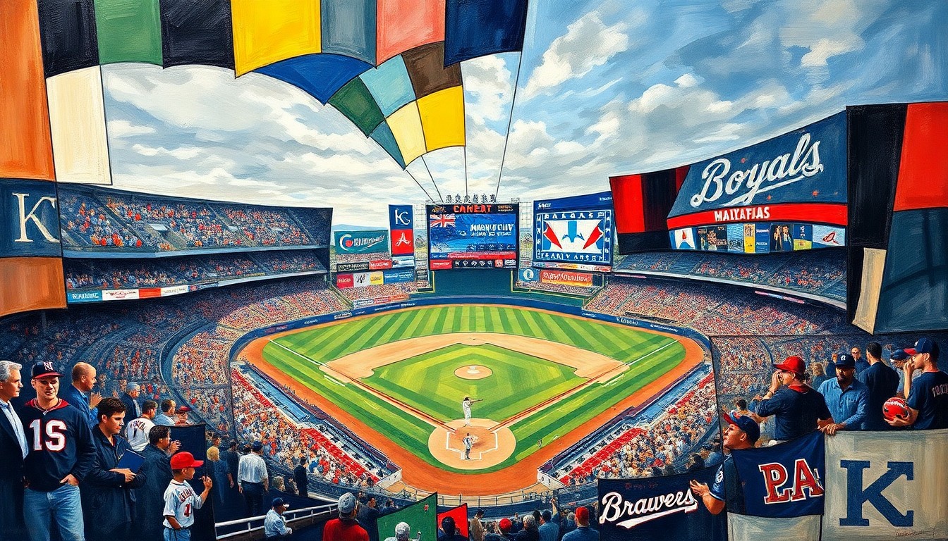 A fragmented, multi-angled painting depicting a baseball game in progress, with players and the field broken down into sharp, overlapping geometric shapes and planes in a cubist style.
