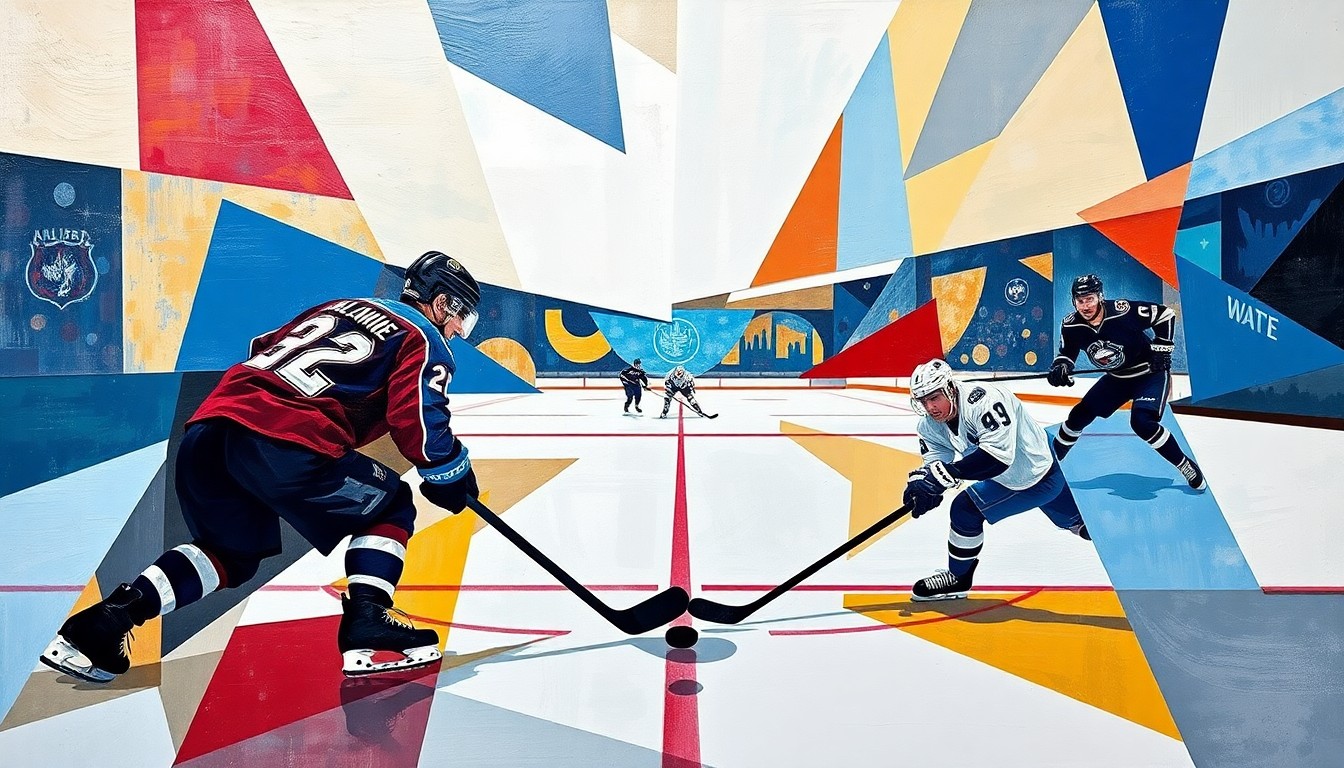 A fractured, cubist-style painting depicting a hockey game between the Colorado Avalanche and Winnipeg Jets, with the players and ice deconstructed into abstract geometric shapes and planes of color, creating a dynamic and visually striking composition.