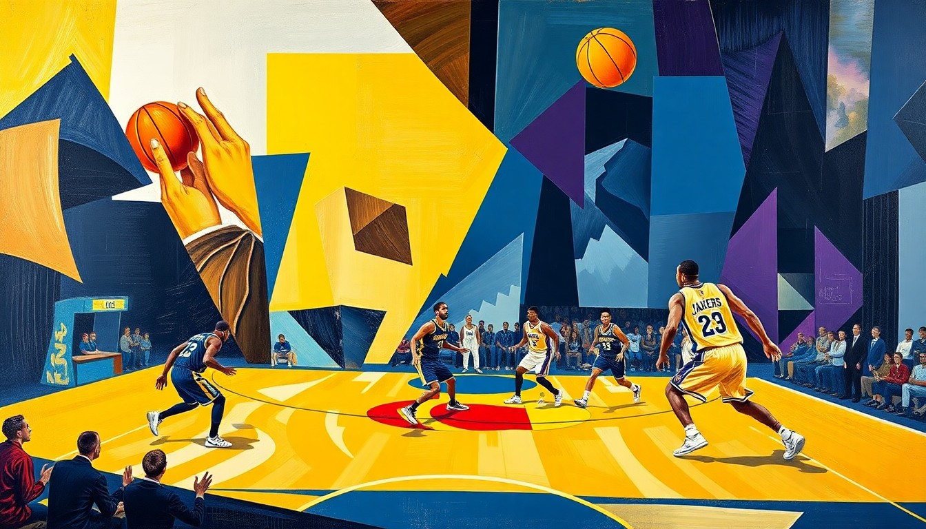 A cubist, geometric painting depicting a fragmented basketball game, with sharp, overlapping planes of navy blue, gold, purple, and white, conceptually representing the intricate playoff positioning battle between the Nuggets and Lakers.