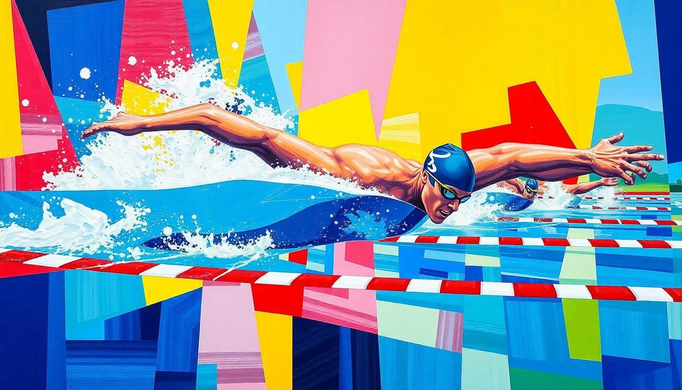 A cubist, geometric painting depicting the fractured, multi-perspective action of a swimming race, with vibrant colors representing the competing teams and schools.