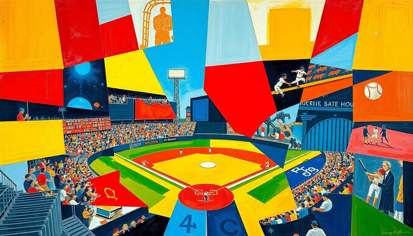 A cubist-style painting depicting a baseball game or match, with the players and field broken down into sharp, overlapping geometric shapes in vibrant colors like deep red, cobalt blue, and bright yellow, conveying the strategic complexity of the Red Sox's roster decisions.
