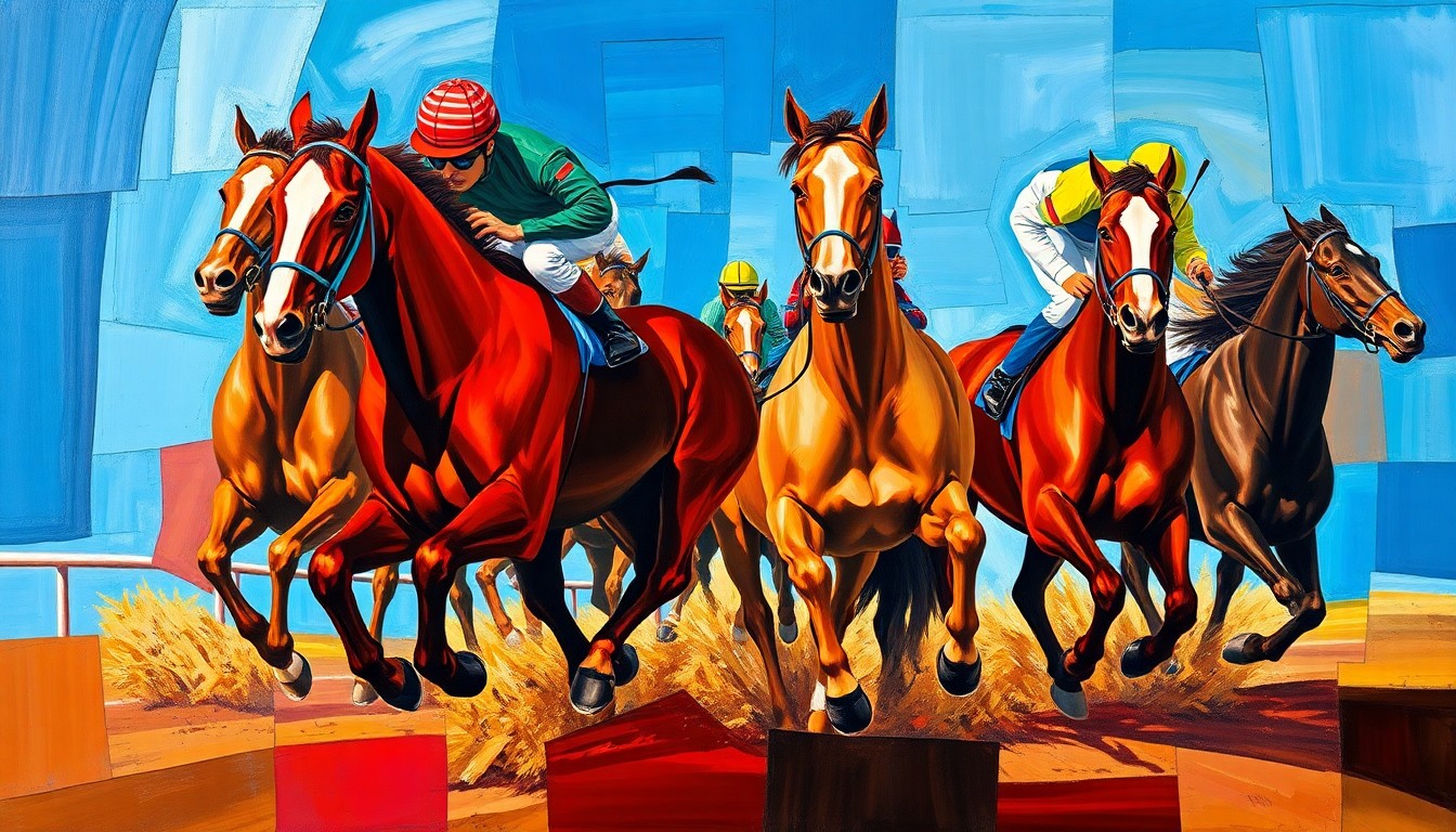 A fragmented, geometric painting in bold, vibrant colors depicting the chaotic motion and competition of a horse race, with no recognizable figures or details.