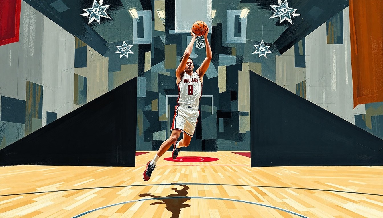 A cubist, geometric illustration depicting the fragmented movements and actions of a college basketball player on the court, representing the transition and uncertainty facing BYU's frontcourt.