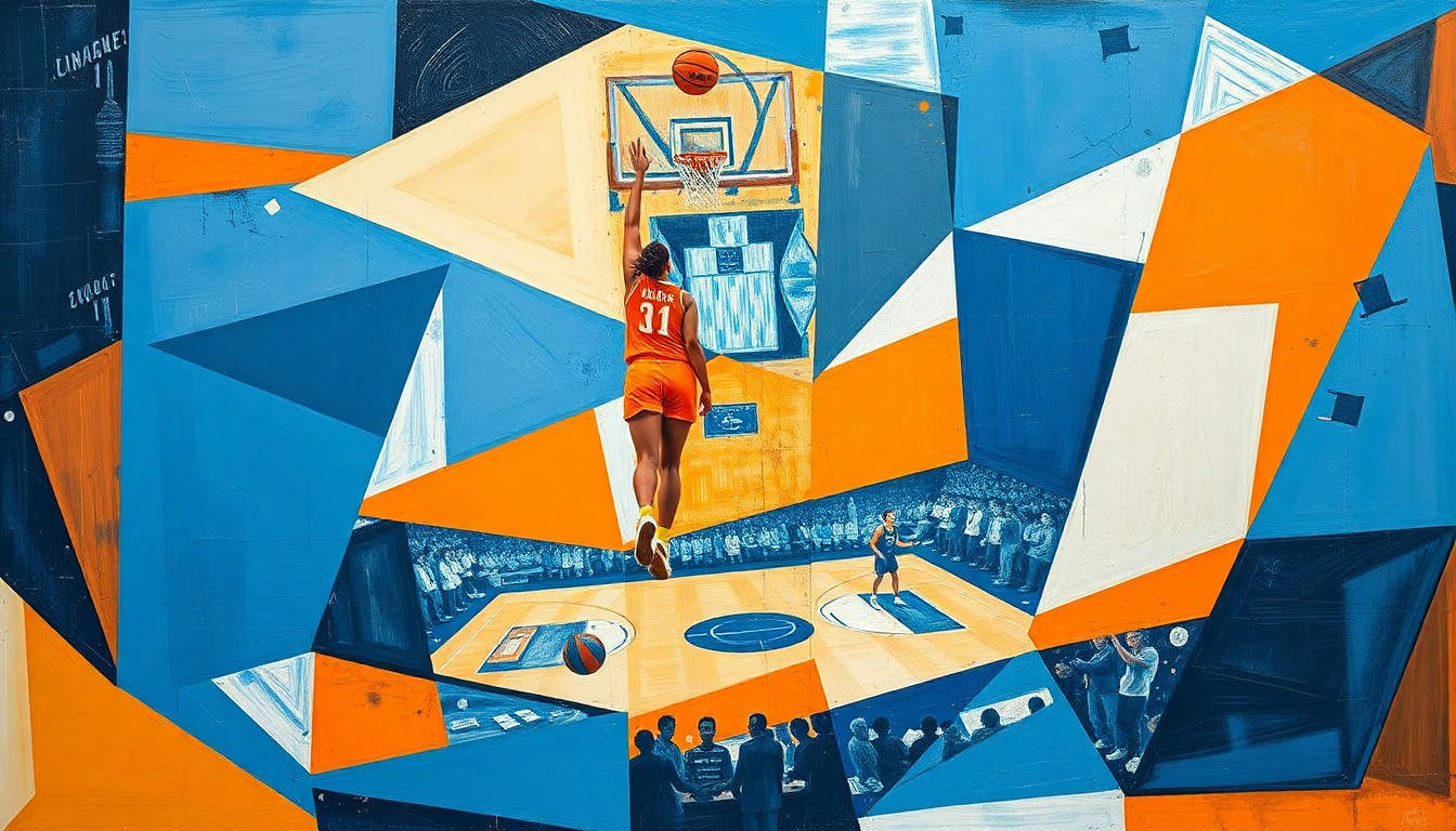 A fragmented, geometric painting in shades of blue, orange, and white, depicting the overlapping, multi-perspective action of a women's basketball game.