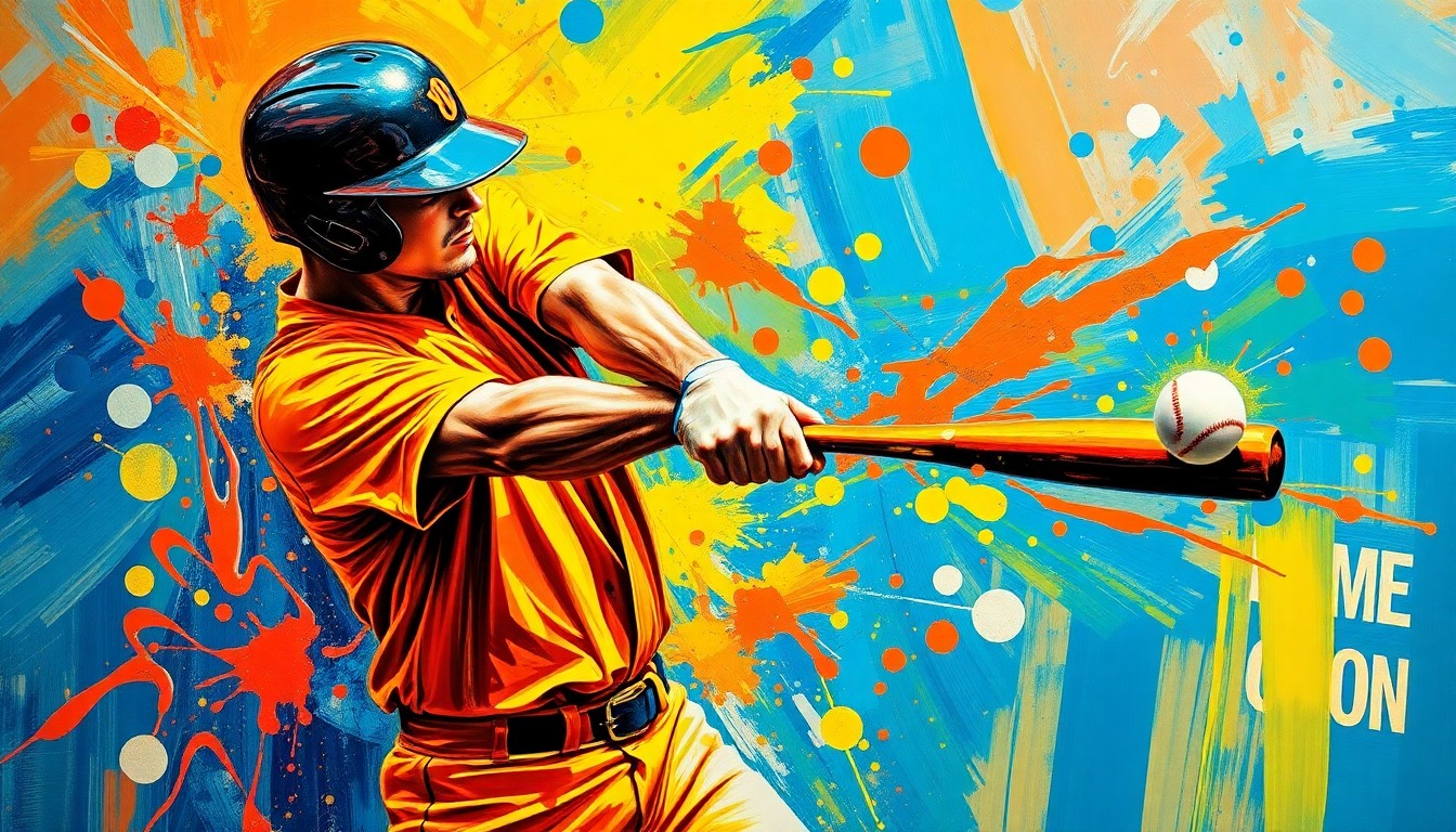 An abstract, textured painting in bright neon colors, capturing the explosive motion and raw power of a baseball player swinging a bat.