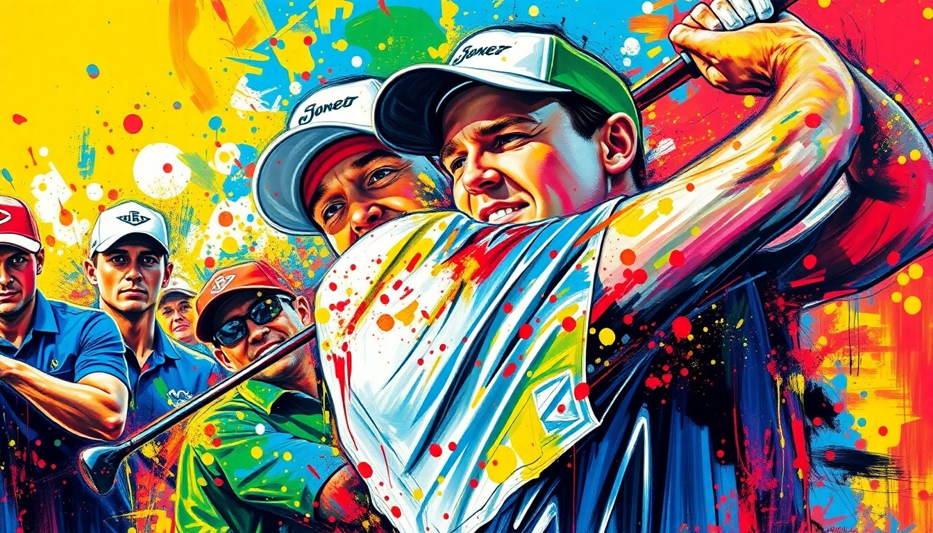 A vibrant, textured painting in neon colors depicting the dynamic movements and energy of a men's golf tournament, with faces and logos dissolving into abstract brushstrokes.