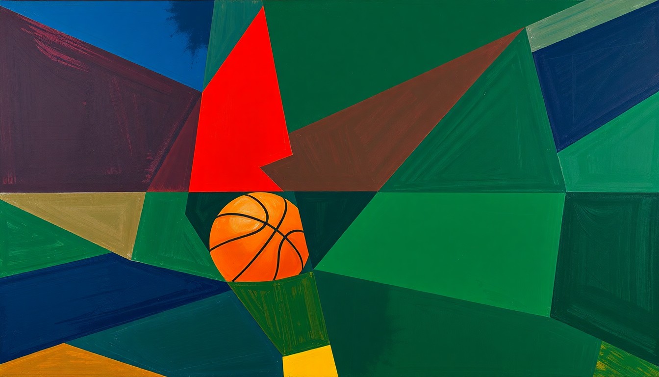 A cubist, geometric painting depicting a basketball game or match, with sharp, overlapping planes of navy blue, crimson red, and forest green, capturing the dynamic energy and movement of the sport.
