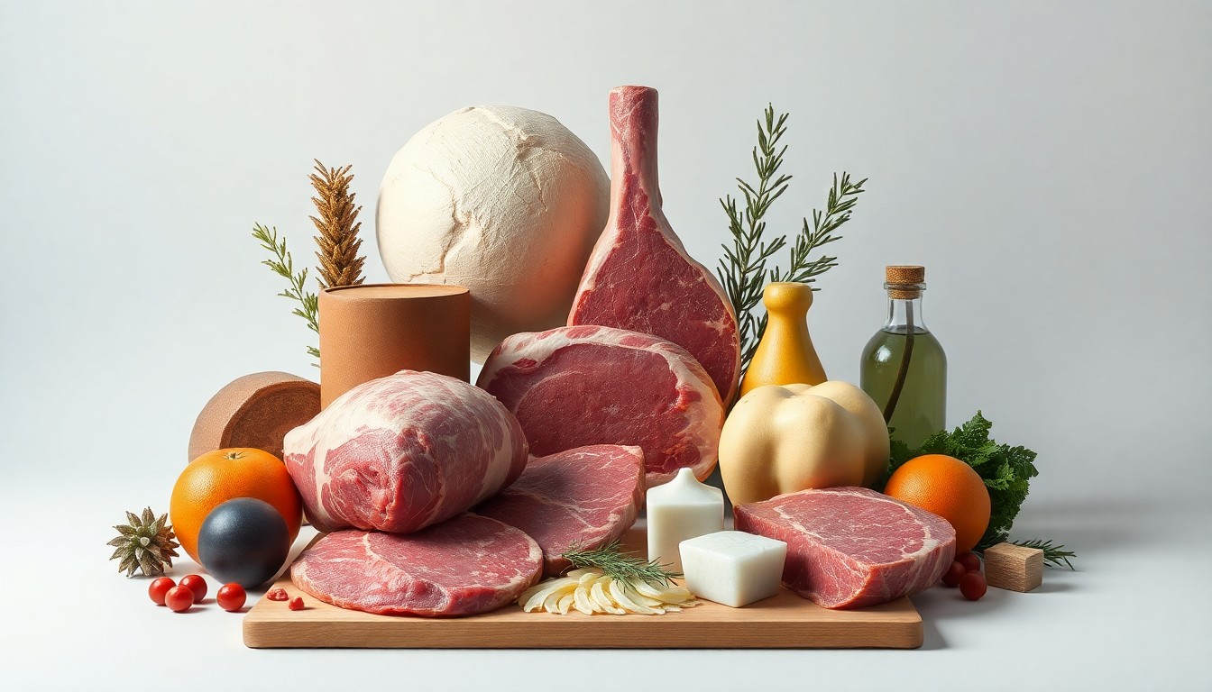 A minimalist studio still life featuring a collection of polished metal, wood, and glass objects arranged elegantly on a clean white background, conceptually representing the abstract corporate strategy and labor negotiations in the meatpacking industry.