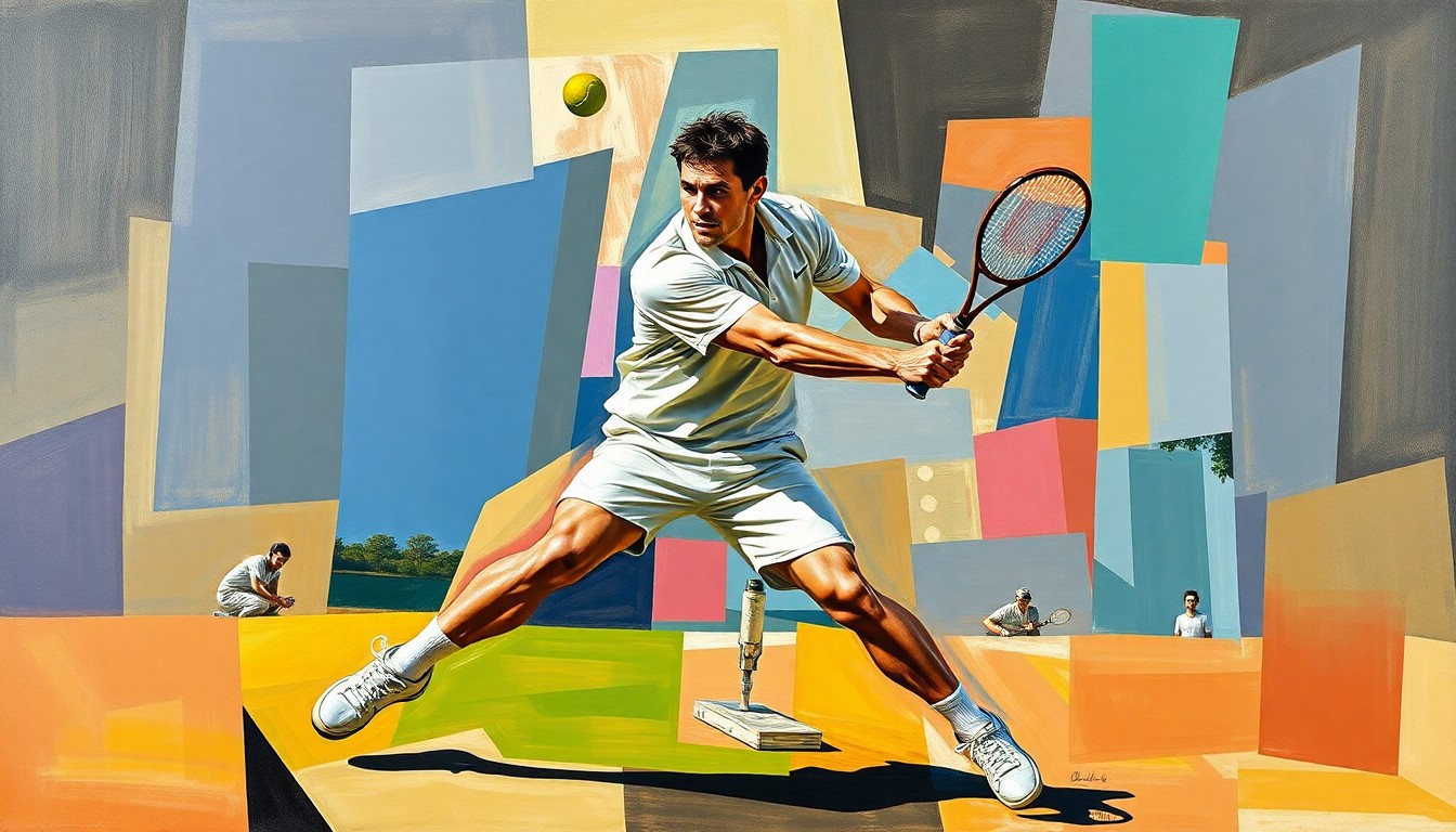 A cubist-style painting depicting a tennis player's form broken down into sharp, overlapping geometric shapes and planes, conveying the physical and mental challenges of persistent health issues in professional sports.