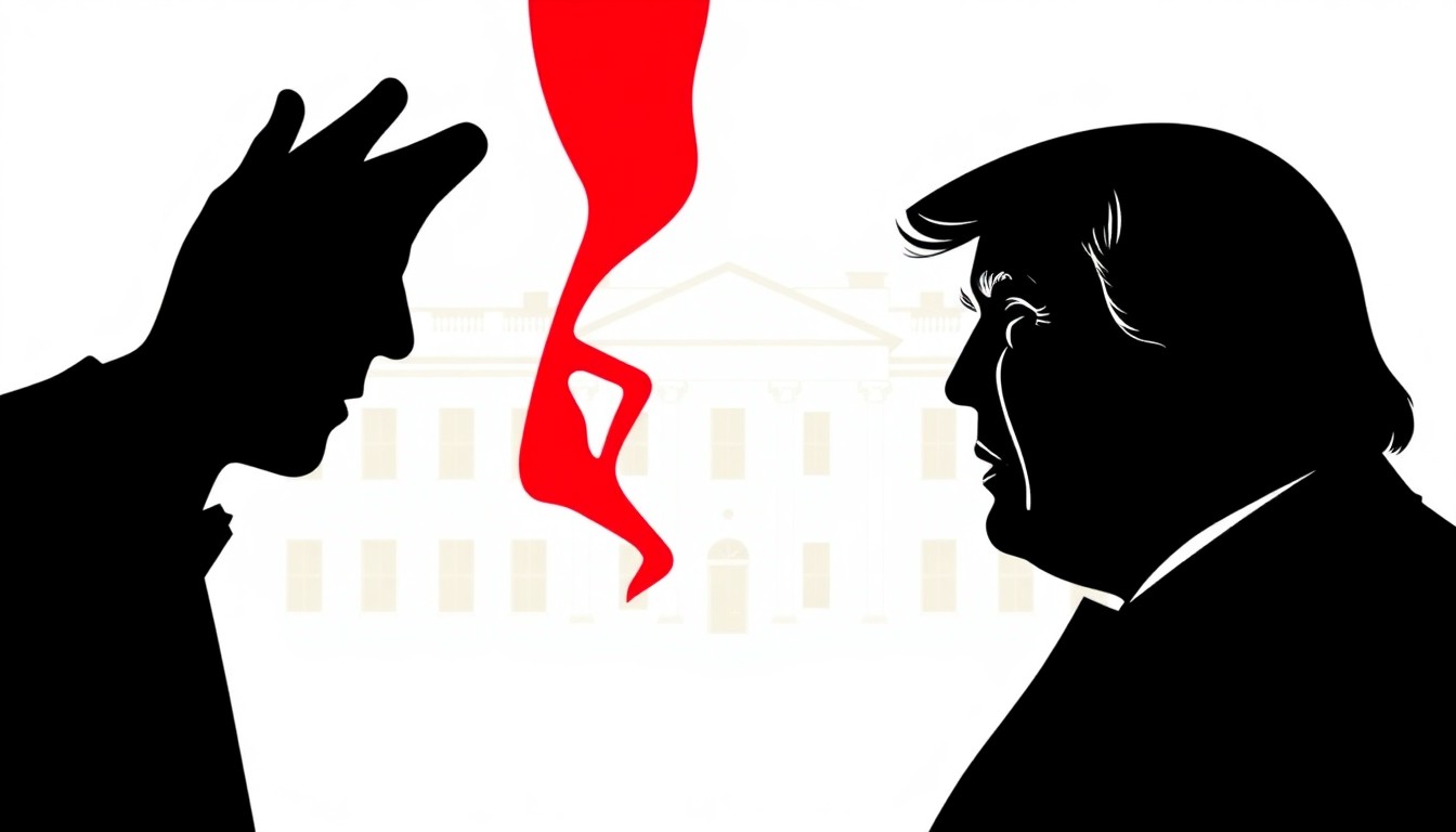 A dramatic, abstract composition of jagged, geometric shapes in bold red and black, conceptually representing the potential clash between late-night host and former president at a high-profile political event.