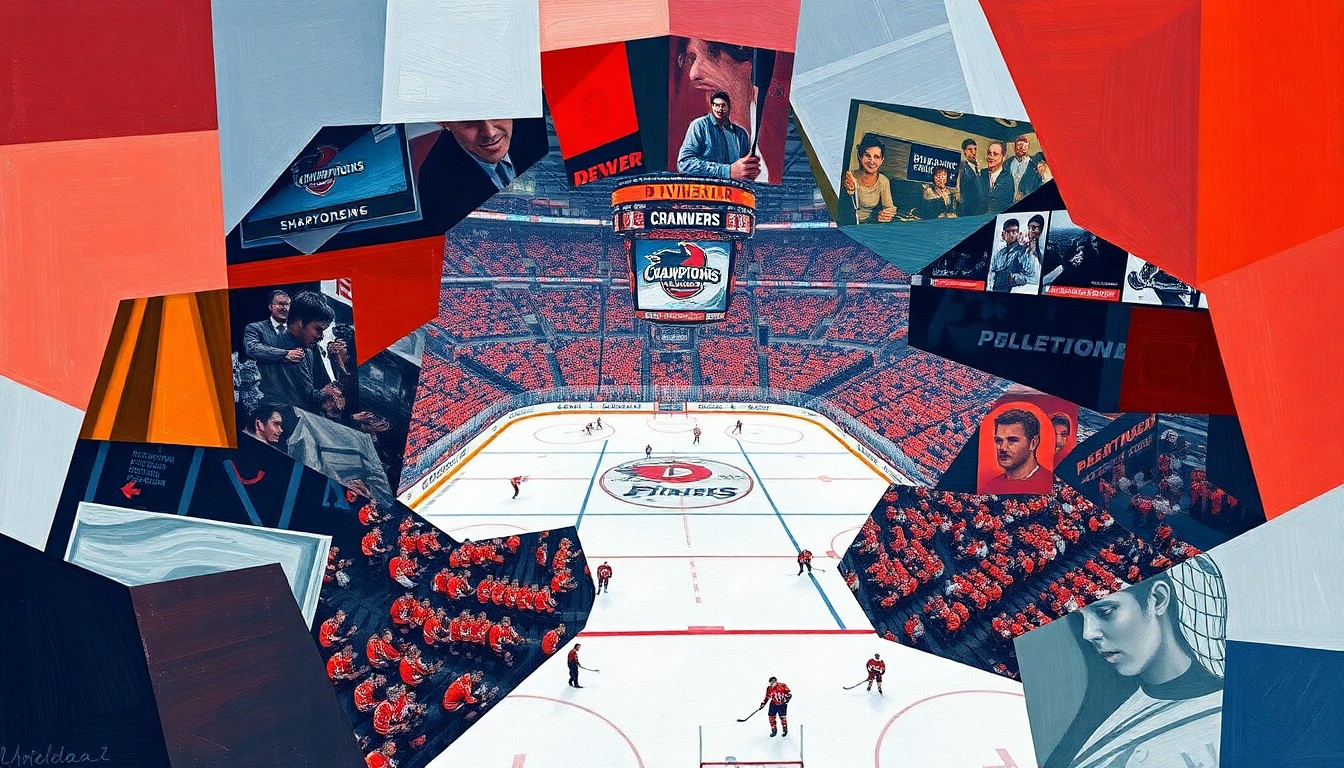 A cubist, geometric painting depicting the action and energy of a college hockey championship game, with fragmented and overlapping shapes representing the players, the ice, and the arena.
