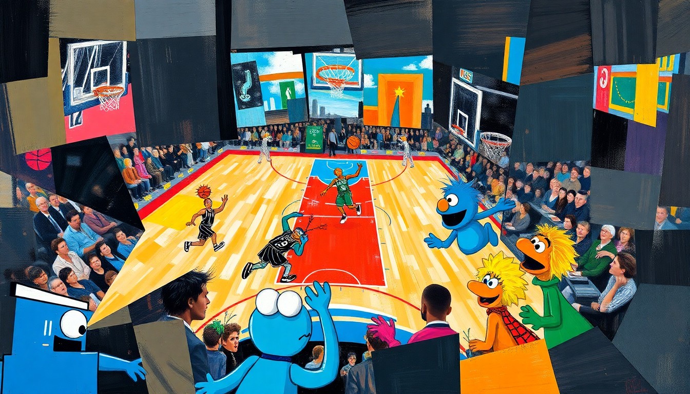 A fractured, multi-perspective painting in the style of Pablo Picasso, breaking a basketball game between the Spurs and Magic down into sharp, overlapping geometric planes, with Sesame Street characters like Big Bird, Elmo, and Cookie Monster integrated into the abstract composition.