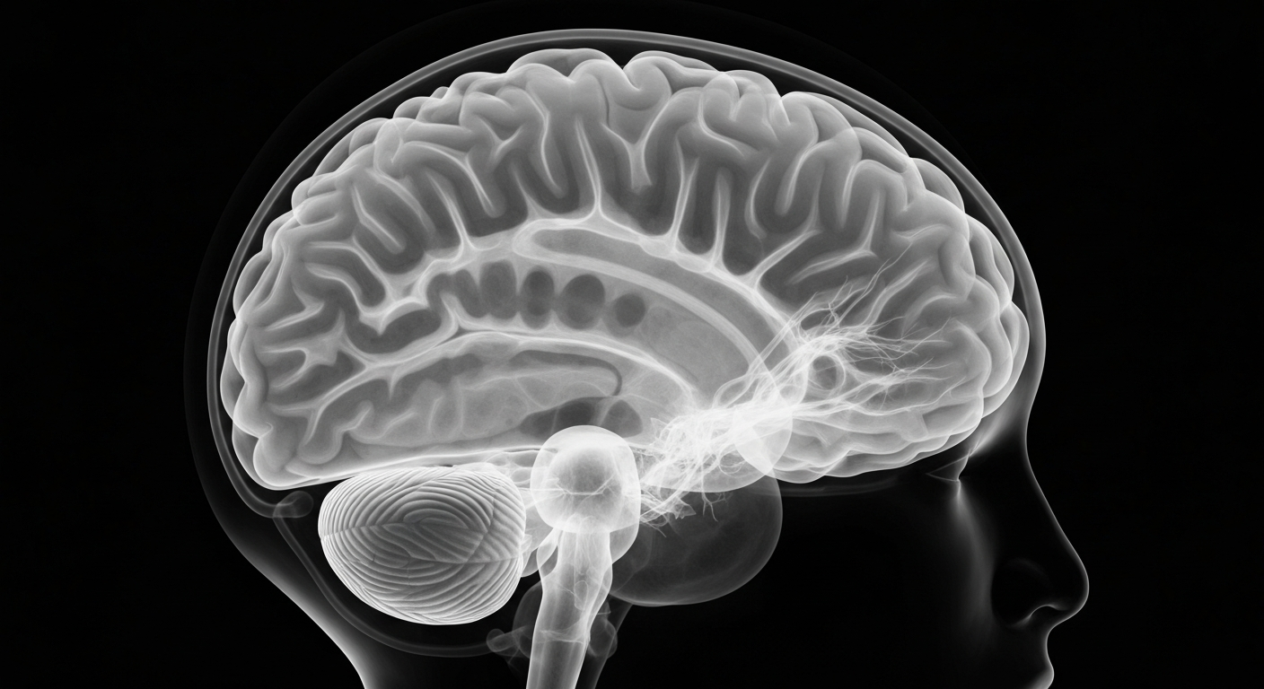 A highly detailed, translucent X-ray image revealing the intricate neural structures of a human brain, conceptually representing the hidden inner workings and potential consciousness of vegetative patients.